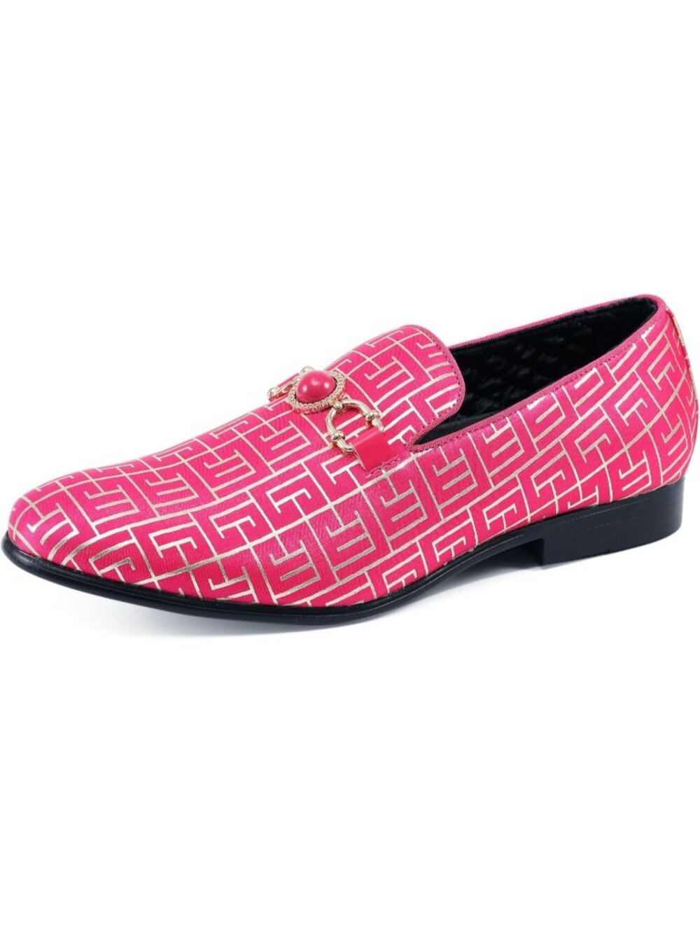 Amali Men's Hot Pink Geometric Print Loafers Gold Buckle Slip On Wedding Shoes